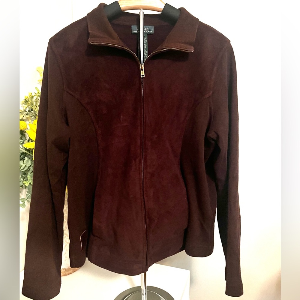 Lauren Ralph Lauren Women's Faux Suede Panel Brown Full Zip Jacket Size Medium